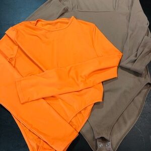 Set of 2 Bodysuits - SHEIN Bold Orange & OLD NAVY Tan/Light Brown/Taupe Size M